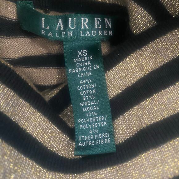 NWT Lauren Ralph Lauren Black and Gold Striped‎ Long Sleeve Turtleneck X-Small - Picture 6 of 6